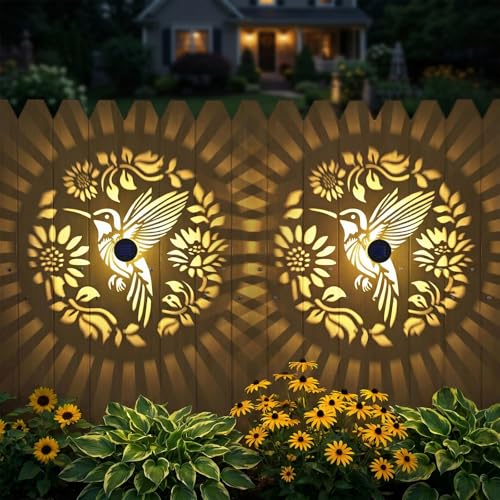 2 Pack Solar Fence Lights Metal Solar Powered Outdoor Wall Deck Step Lights Hummingbird Floral Theme Waterproof Fence Light for Garden Post Patio Backyard Yard Decor (2 Count)