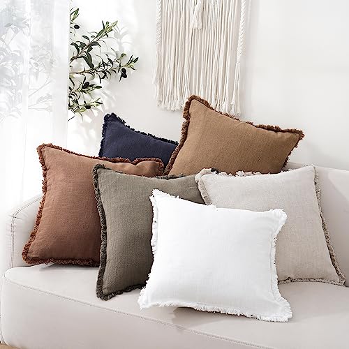 Decorative Linen Fringe Throw Pillow Covers 26×26 Khaki Brown (2 Count)