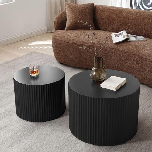 Black Round Fluted Nesting Coffee Table Set of 2