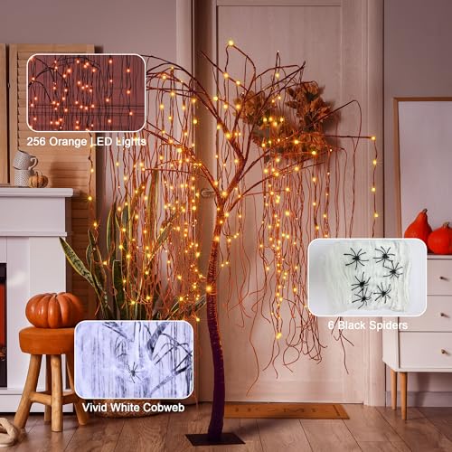 7 FT Halloween Lighted Willow Tree 256 LED Orange Lights Artificial Weeping Willow Tree with 6 Spiders Outdoor Indoor Decoration Christmas Festival Decor (Orange)