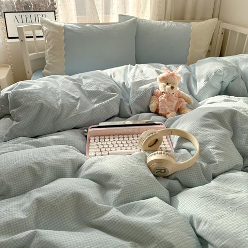 Blue Gingham Comforter Set Full Size Romantic Lace Style Checkered Plaid Comforter Set 3 Pieces Blue Grid Bed Comforter with 2 Pillowcases Soft Fluffy Farmhouse Plaid Gingham Bedding Set