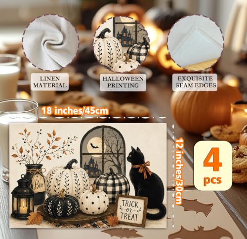 Halloween Placemats Set of 4 Black Cat Pumpkin Linen Mats Farmhouse 18x12 (4 Count)