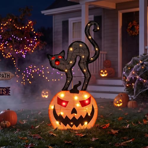 30" H Halloween Black Cat on Pumpkin 2D Lighted Yard Outdoor Decor (Pumpkin & Black Cat)