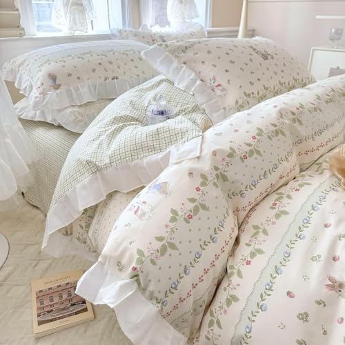 Twin XL Comforter Set Cute Flower Green Leaves Pattern Comforter White Ruffle Bedding Comforter with 2 Pillowcases Reversible Green Plaid Comforter Botanical Flower Cute Rabbit Comforter Set
