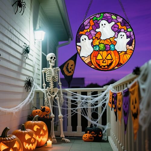 Stained Glass Window Hanging Halloween Horror Pumpkin White Ghost 9.8"