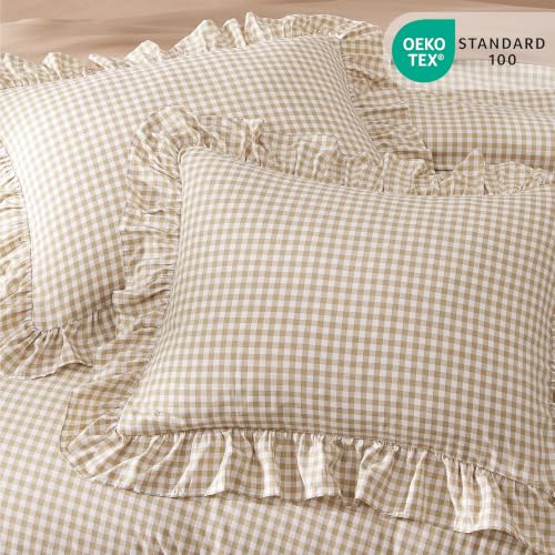 King Size Comforter Set Gingham Ruffle Tan 7 Pieces Bed in a Bag