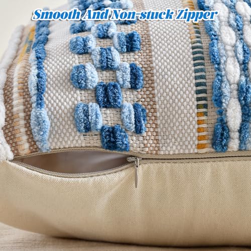 Set of 2 Chenille Striped Textured Boho Throw Pillow Covers Aesthetic with Tassels Woven Decorative Pillow Case for Couch Bed Sofa Bedroom Modern Funky 18 x 18 (2 Count)