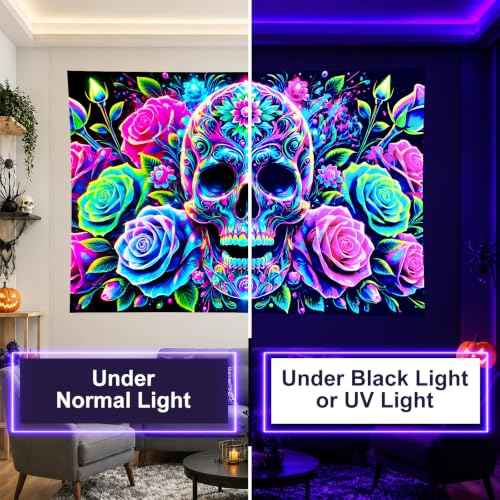 Blacklight Tapestry Floral Skull Room Decor 78 x 59 Inch