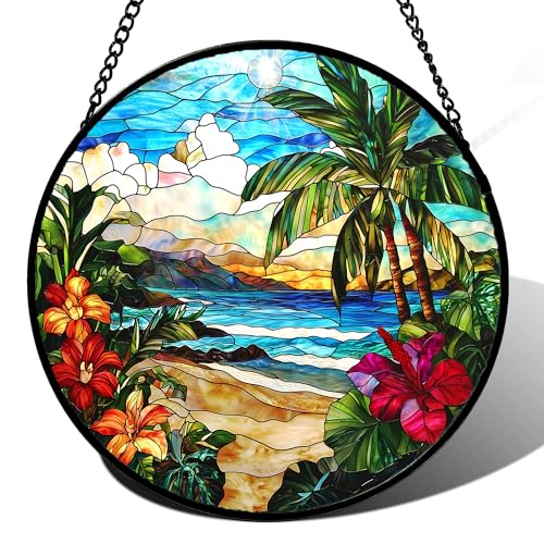 Tropical Hibiscus Beach Stained Glass Window Hanging Suncatcher Gifts 15"