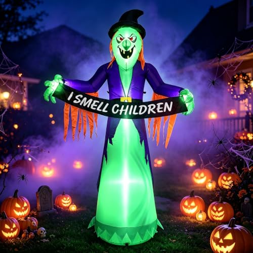 8FT Halloween Inflatable Witch Decorations for Outdoor Yard with LED Lights (Greenish Purple)