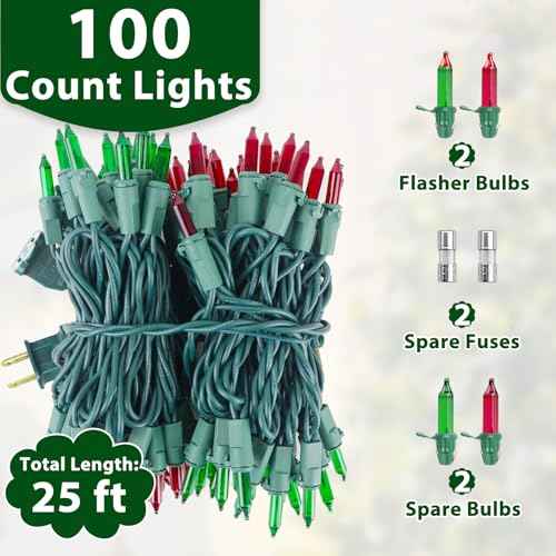 Christmas Lights 25FT 100 Count Incandescent Bulbs Red and Green Mini Lights with Green Wire for Christmas Tree