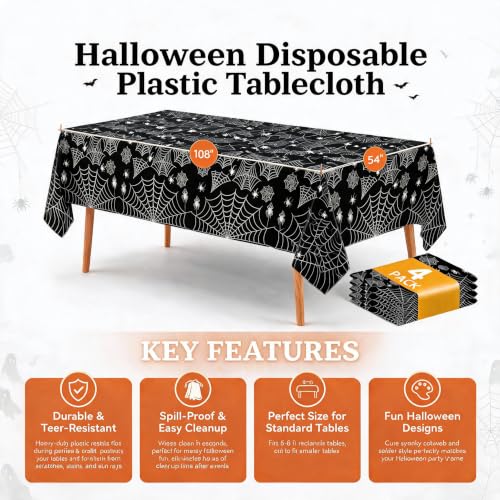 Halloween Tablecloth Plastic Black Spider Web Disposable Table Covr (4 Count)