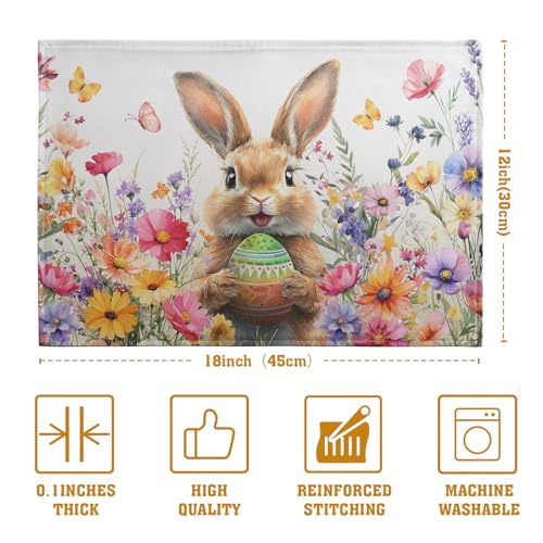 Easter Rabbit Placemats Set of 4 Spring Bunny Colorful Egg Wildflower Place Mat 12x18 Inch Seasonal Farmhouse Linen Fabric Table Mats for Kitchen Dining Outdoor Indoor Easter Party (4 Count)