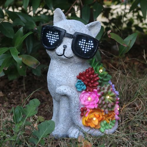 Solar Cat Garden Decor Statues with Succulent LED Lights and Sunglasses