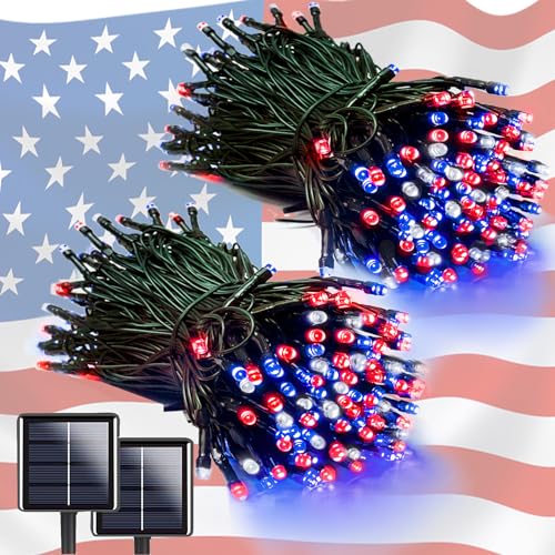 Solar Christmas String Lights Outdoor 2 Pack 200 LED 66FT Red White Blue (2 Count)