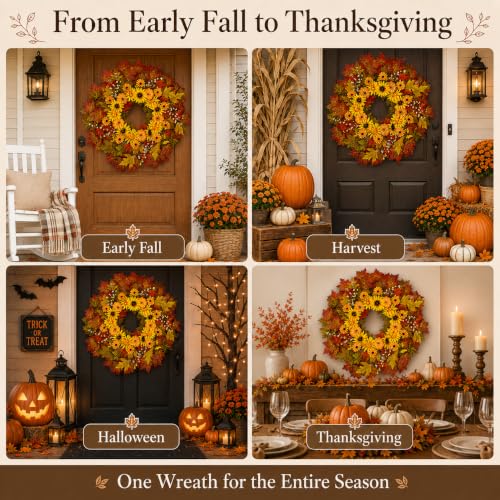 28 Inch Fall Wreath for Front Door Outside Large Artificial Autumn Wreath with Orange Sunflowers Maple Leaves Pumpkins Fall Decoration for Home Farmhouse Door Wreath for Harvest Thanksgiving