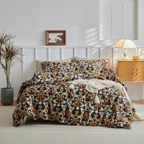 Queen Comforter Set Vintage Paisley Floral Comforter Set with Flowers Leaves Pattern Fluffy Soft Vibrant Bohemian Floral Bedding Set Cottagecore Botanical Flowers Comforter with 2 Pillow Shams