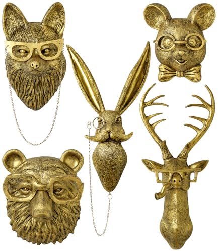 5 PCS Animals Head Wall Art Sculptures 17 inchs Gold Office Vintage 3D Wall Decor Art for Whimsigoth Home Wall Decor Lightweight Material Accent Wall Hanging Room Decor Maximalist Decor