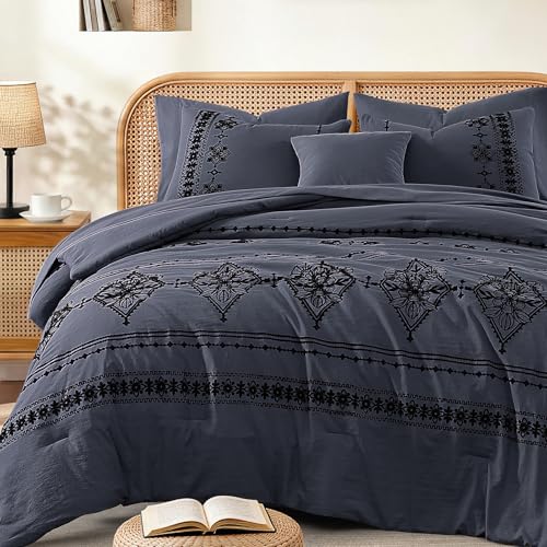 King Size Comforter Set Embroidery Floral 7 Pieces Bed in a Bag