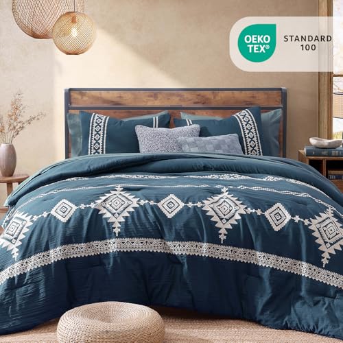 Embroidery King Size Comforter Set 7 Pieces Navy Blue Bed in a Bag