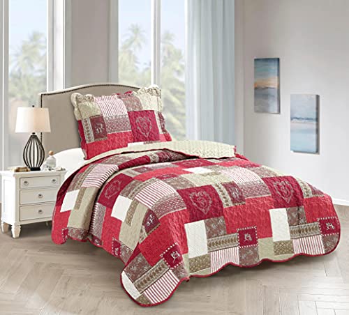 Burgundy Heart Love & Lace Patchwork Quilt Set