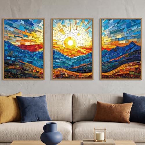 Abstract Blue Boho Mountain Framed Canvas Wall Art Set