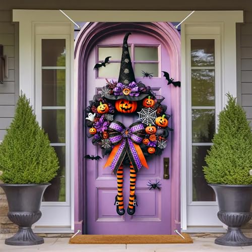 Halloween Door Cover Purple Pumpkin Bow 71 x 35 Inch