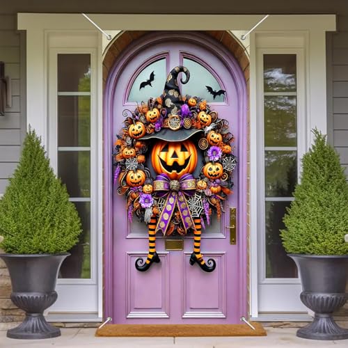 Halloween Witch Hat Pumpkin Door Cover 35x71 Inch Polyester