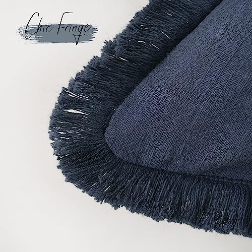 Boho Linen Fringe Lumbar Throw Pillow Covers 12×20 Navy Blue (2 Count)