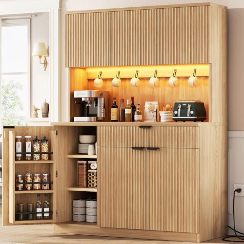 Fluted Kitchen Pantry Storage Cabinet with Charging Station & LED Lights