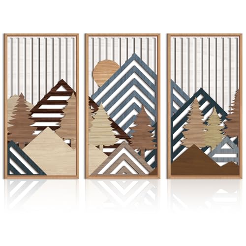 Large Mountain Wood Wall Art 16"x32"x3 Abstract Forest Wall Sculpture Geometric Boho Sunset Wilderness Artwork for Bedroom Living Room Office