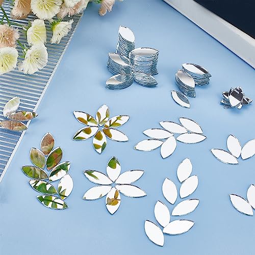 150pcs Leaf Shape Craft Mirrors Mosaic Tiles 11x25mm Petal Mosaic Tiles Mini Glass Mirror Tile Leaf Glass Cabochons Flower Leaves Tile for DIY Crafts Art Wall Door Home Decorations (150 Count)