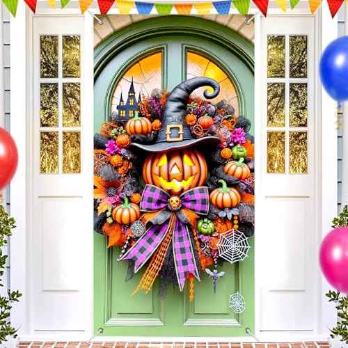 Halloween Door Cover Witch Hat Boo 35x71 Inch Polyester