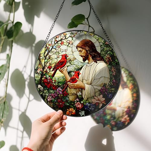 8 Inch Jesus with Cardinals Suncatcher Ornament
