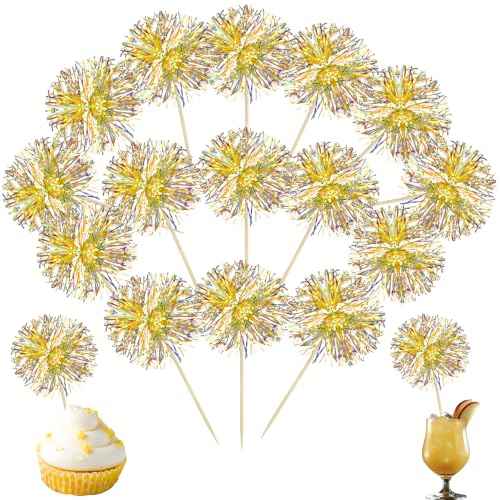 30Pcs Foil Firework Cupcake Toppers Party Birthday Cake Toppers Supplies Sparkle Tinsel Cocktail Fruit Toothpick for Birthday Wedding Graduation Party Yellow (30 Count)