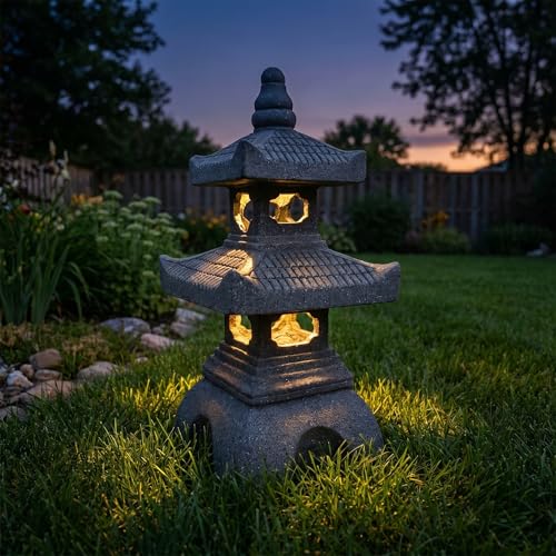 2 Tier Pagoda Garden Statue LED Solar Powered Light 18" Tall Outdoor Zen Garden Lantern Landscape Lawn Asian Pagoda Stupa Decor Grey Resin
