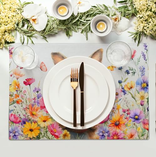 Easter Rabbit Placemats Set of 4 Spring Bunny Colorful Egg Wildflower Place Mat 12x18 Inch Seasonal Farmhouse Linen Fabric Table Mats for Kitchen Dining Outdoor Indoor Easter Party (4 Count)