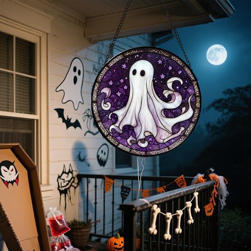 Halloween Purple Ghost Stained Glass Window Hanging Suncatcher Gifts 7.8"