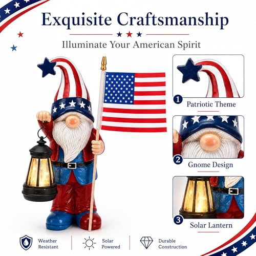 Solar Patriotic Gnomes Statues with Flag for Garden Decor