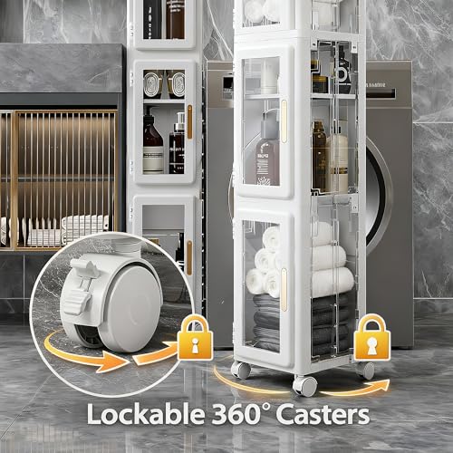 4 Tier Tall Plastic Slim Storage Cabinet with Lockable Wheels