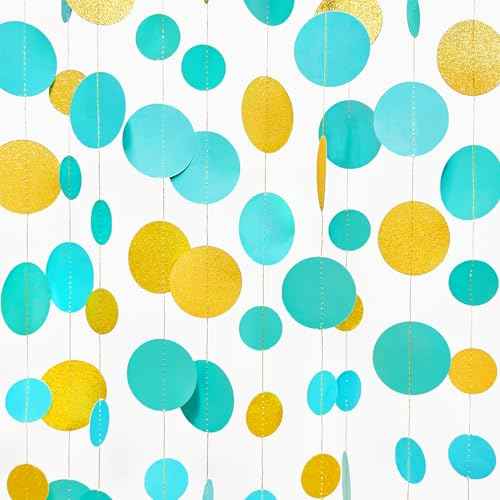 Teal Gold Party Polka Dot Garland Banner Aqua Turquoise Glitter Gold Hanging Paper Circle Dots Streamer for Birthday Wedding Shower Engagement Bridal Shower Retirement Party Decorations Supplies