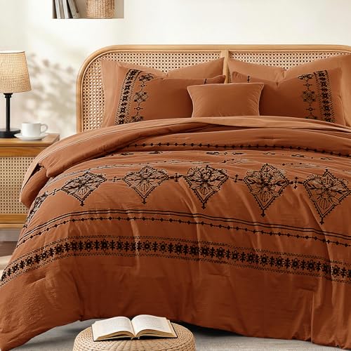 Queen Comforter Set Embroidery Floral 7 Pieces Bed in a Bag