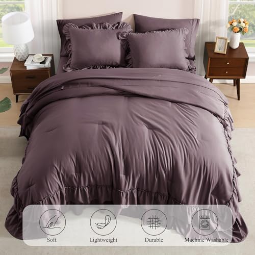 Oversized Queen Comforter Set Dark Purple Ruffle 7 Pieces Bed in a Bag