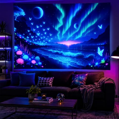 Blacklight Tapestry Galaxy Butterfly Wall Hanging 78 x 59 Inch