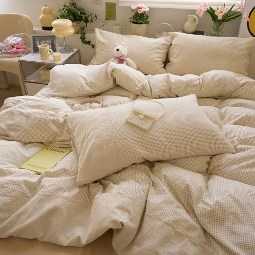 Tan Gingham Comforter Set Queen Princess Lace Style Beige Taupe Plaid Comforter Set Soft Fluffy Grid Farmhouse Gingham Bedding Set Vintage Plaid Checkered Comforter with 2 Pillowcases