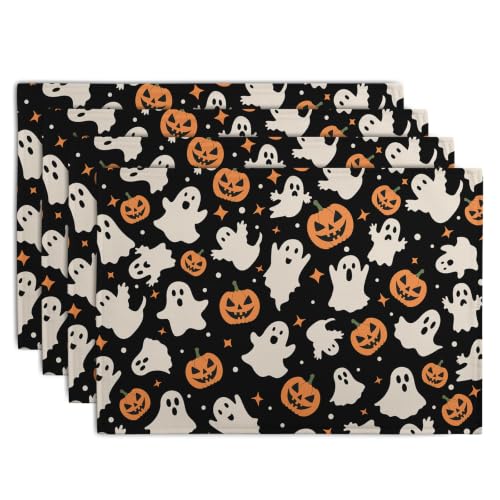 Halloween Placemats Set of 4 12x18 Inch Cute Ghost Pumpkin Table Mats Orange and Black Spooky Rustic Farmhouse Place Mat for Party Kitchen Dining Fall Decor (4 Count)