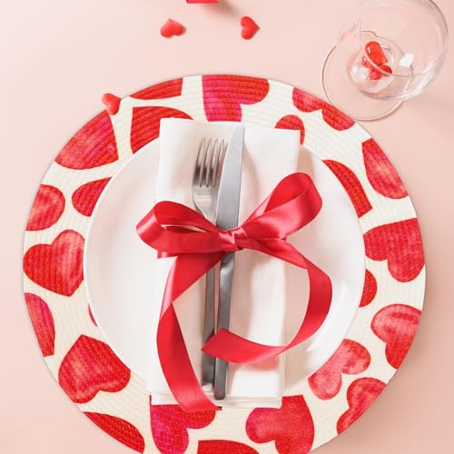 4 Pcs Round Valentine's Day Braided Placemats Place Mats Watercolor Heart Dinner Table Mats Valentine Dining Table Decor for Home Wedding Anniversary Party Farmhouse Kitchen Decor (4 Count)