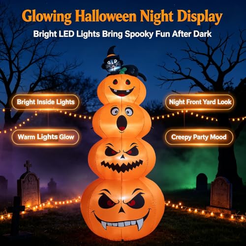 8FT Halloween Inflatable Stacked Pumpkins with Black Cat & LED Lights (Orange)