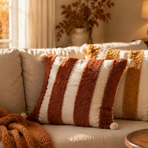 Boho Throw Pillow Covers 18x18 Tufted Home Decorations Dark Rust
