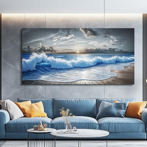 Large Canvas Wall Decor For Living Room Wall Art For Bedroom Office Dining room Decor Modern Black White And Blue Ocean Wave Painting Printed Artworks Wall Pictures Home Decor 24"X48"